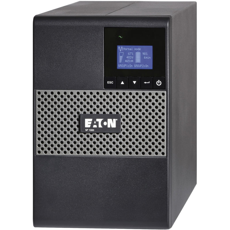 Front view of Eaton 5P1000 UPS showing LCD display screen with power metrics and perforated ventilation panel