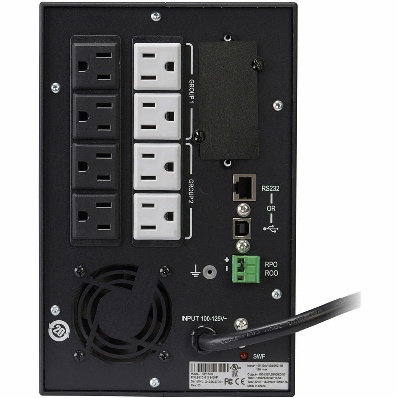 Rear panel of Eaton 5P UPS showing outlets, ports, and cooling fan