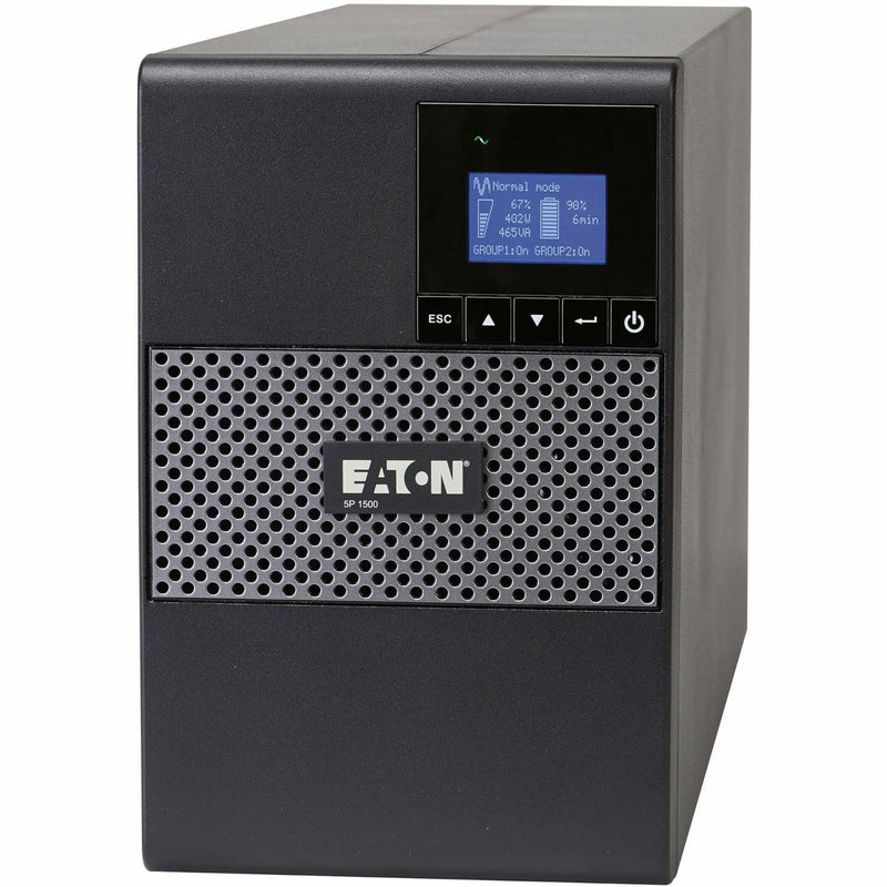 Front view of Eaton 5P 1500 UPS showing LCD display screen and ventilated front panel