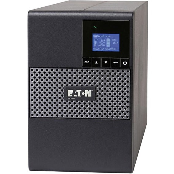 Front view of Eaton 5P850G UPS tower featuring LCD display screen, control buttons, and ventilated front panel with Eaton branding