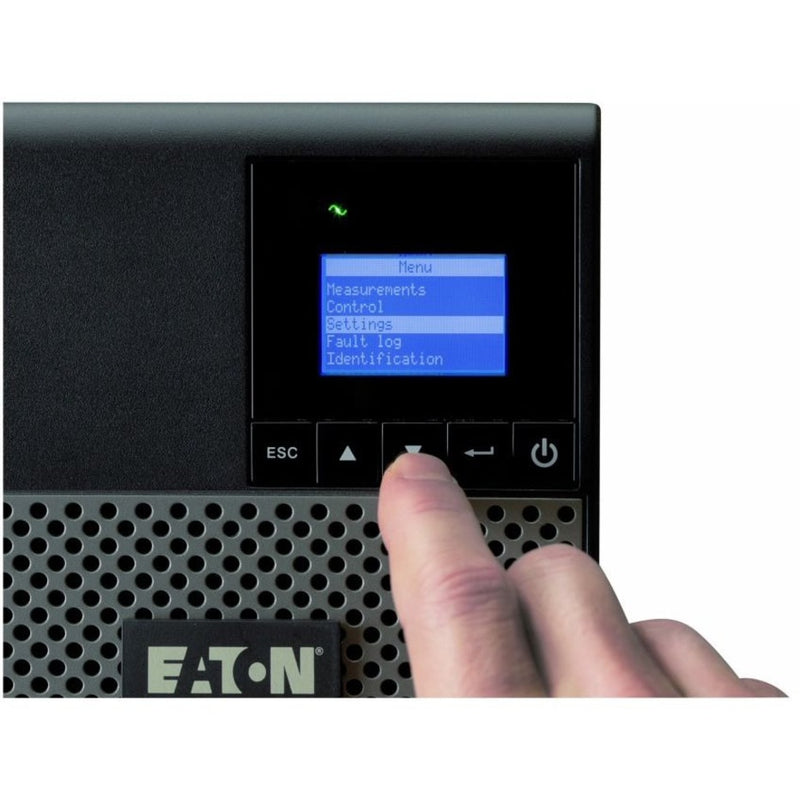 Close-up of Eaton 5P UPS LCD screen showing menu interface with navigation buttons