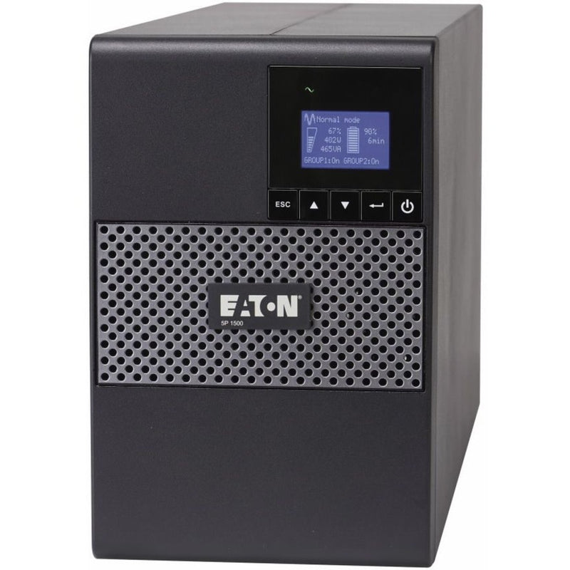 Front view of Eaton 5P 1550VA UPS showing LCD display screen and ventilated front panel