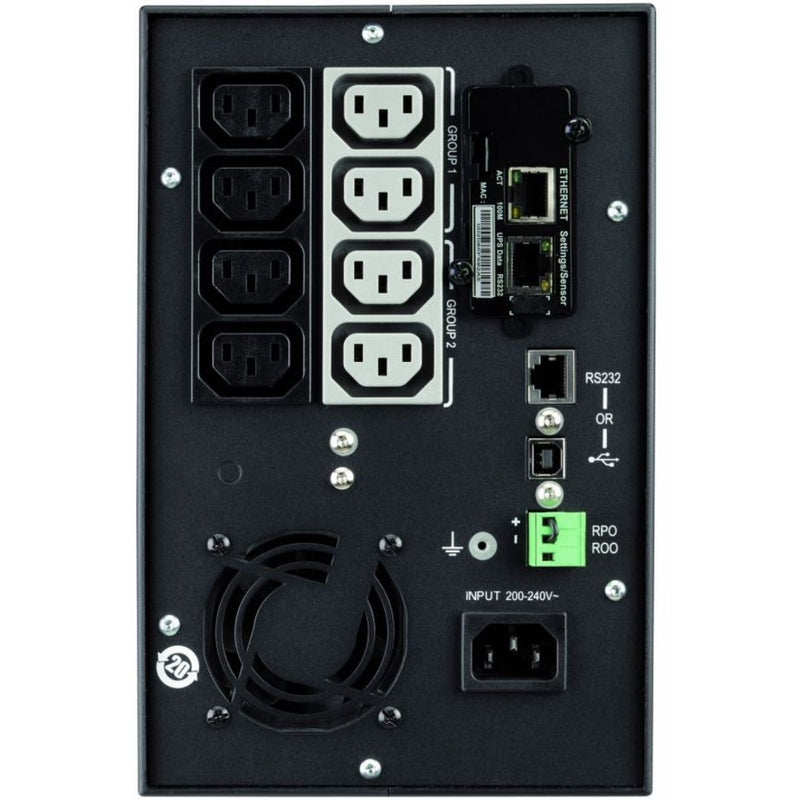 Rear panel of Eaton 5P UPS showing power outlets, communication ports, and cooling fan