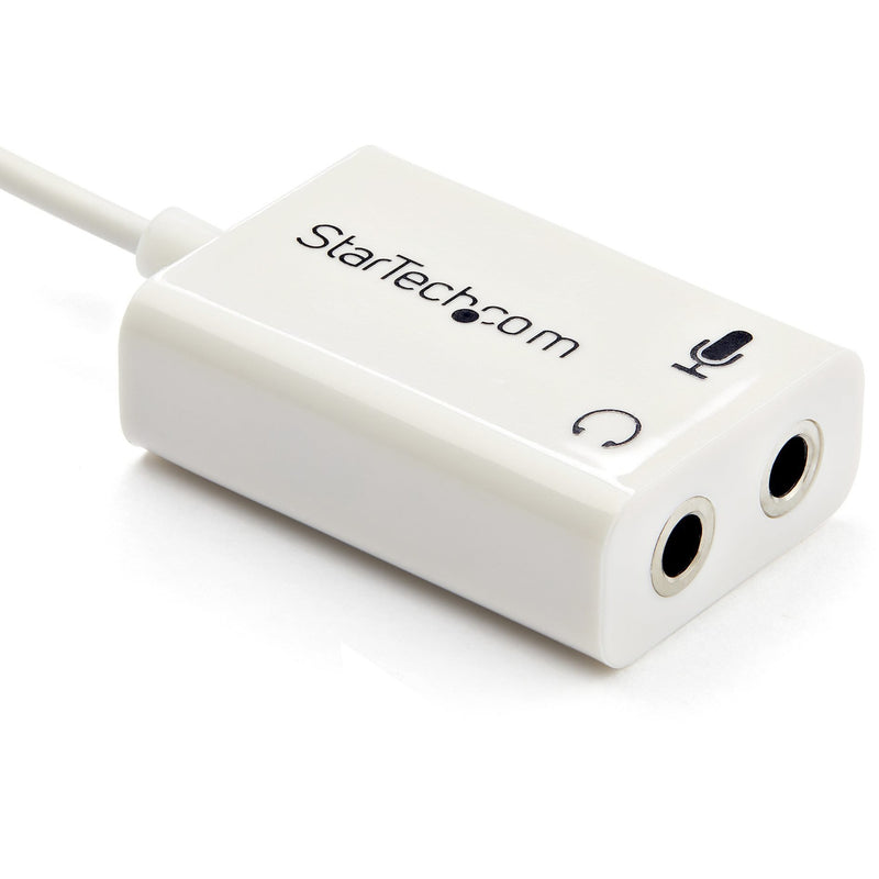 Close-up of StarTech.com adapter showing dual audio ports and port identification icons