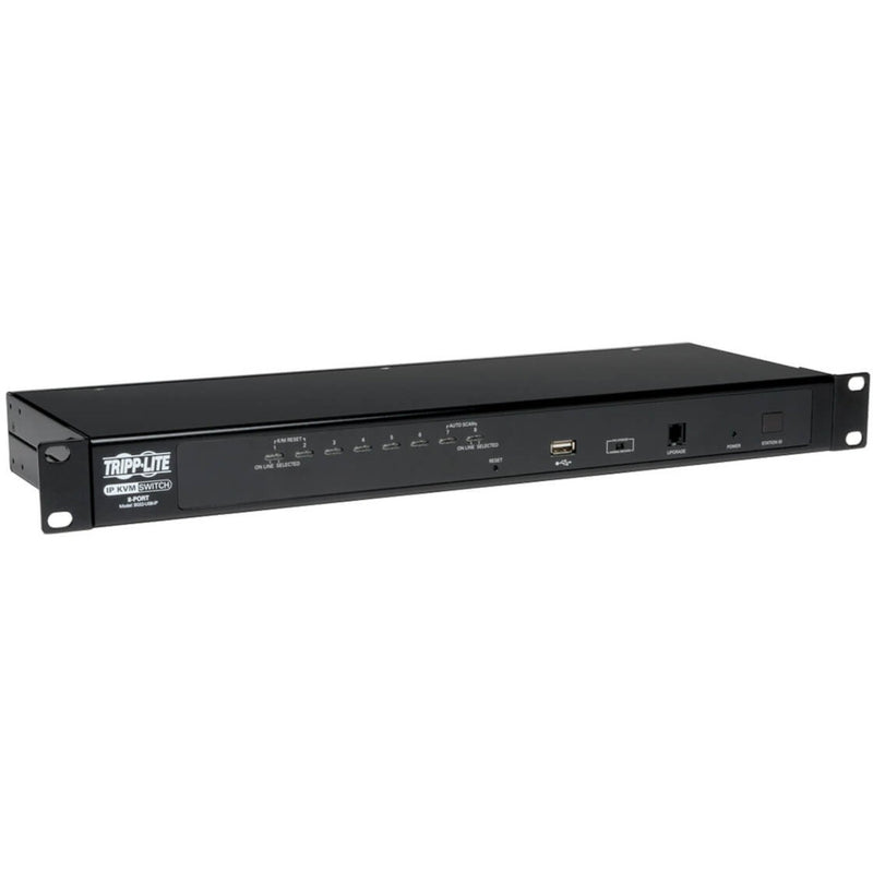 Front view of Tripp Lite B022-U08-IP NetDirector KVM switch showing LED indicators and USB ports in 1U rack form factor