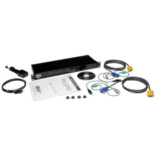 Complete package contents of Tripp Lite KVM switch including cables, mounting hardware, and documentation