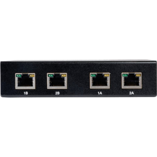 Close-up view of RJ45 ports on Tripp Lite B140-002-DD with status indicators