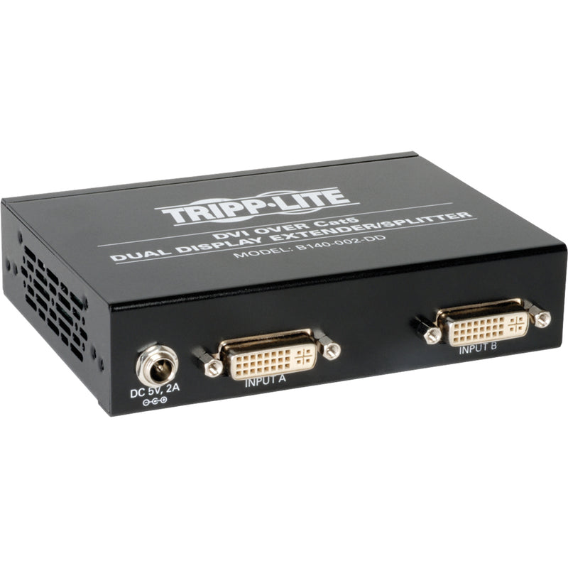 Front view of Tripp Lite B140-002-DD DVI splitter showing dual DVI inputs and power port