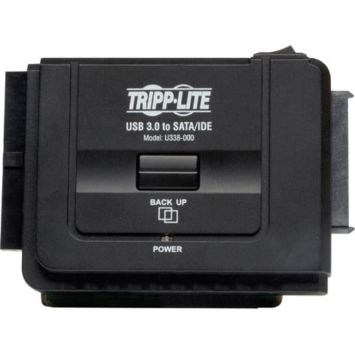 Top view of Tripp Lite U338-000 showing backup button and branding