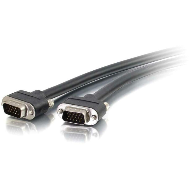 Close-up view of C2G VGA cable showing dual HD-15 male connectors with black housing and metal pins