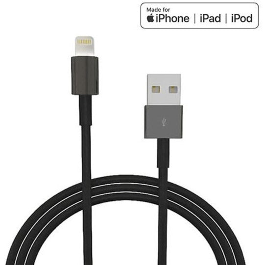 Black 3-foot Lightning to USB cable with reinforced connectors and Made for iPhone/iPad/iPod certification logo