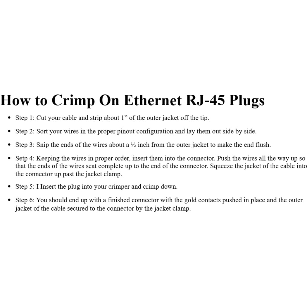 Detailed instructions showing six steps for crimping RJ45 connectors onto ethernet cables-alternate-image2