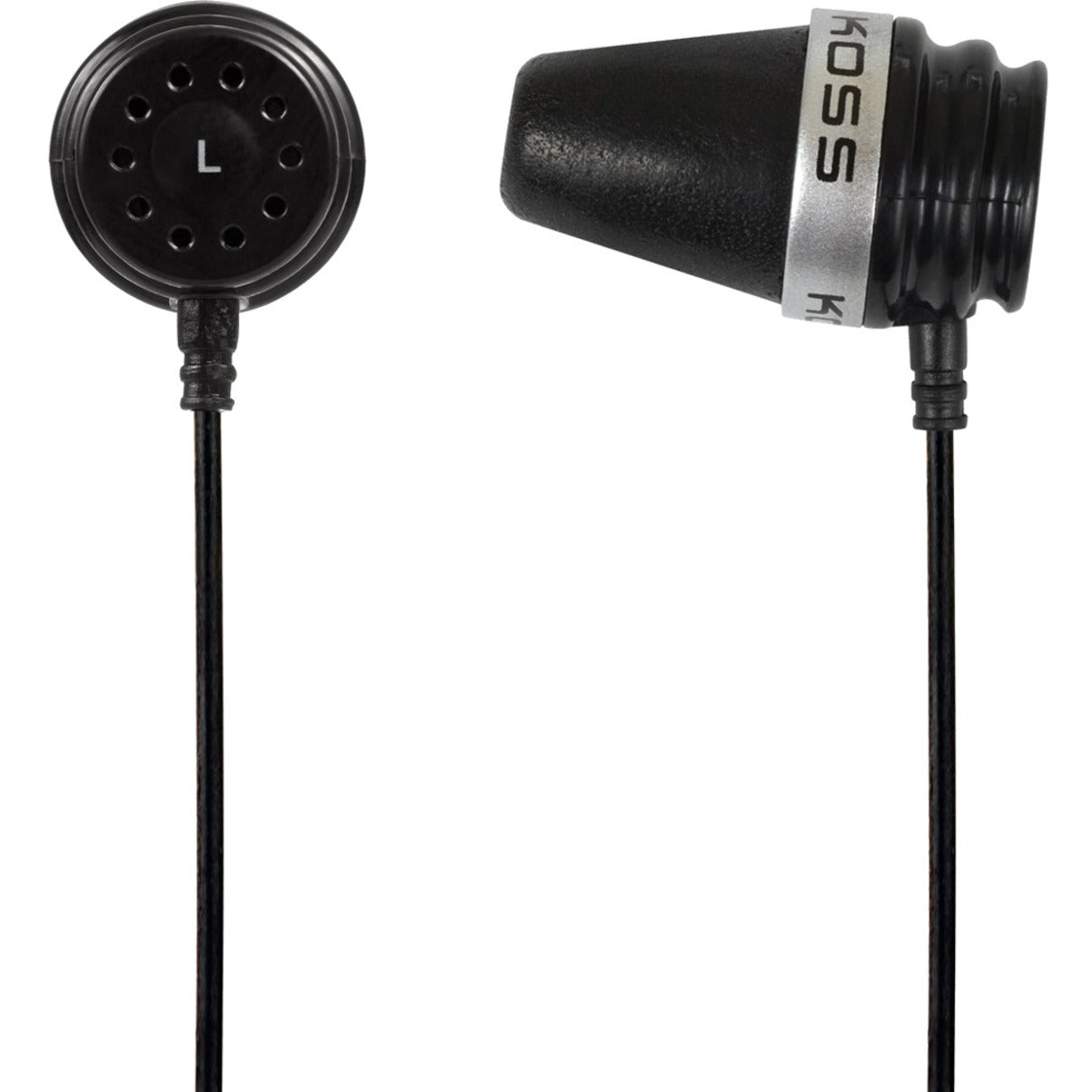 Close-up view of Koss Sparkplug black earbuds showing memory foam tips and silver brand accent-alternate-image1