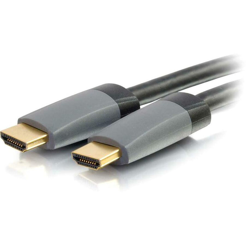 Close-up view of gold-plated HDMI connectors with gray protective housing on both ends of the cable