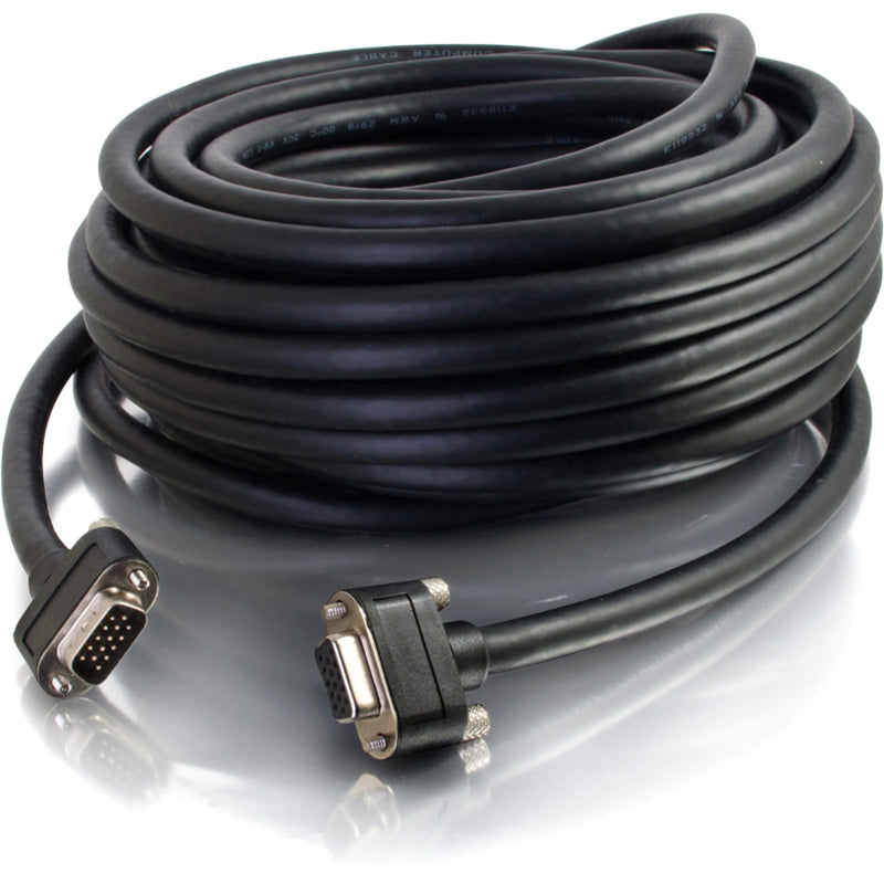 Full length view of coiled 15ft black VGA cable with connectors