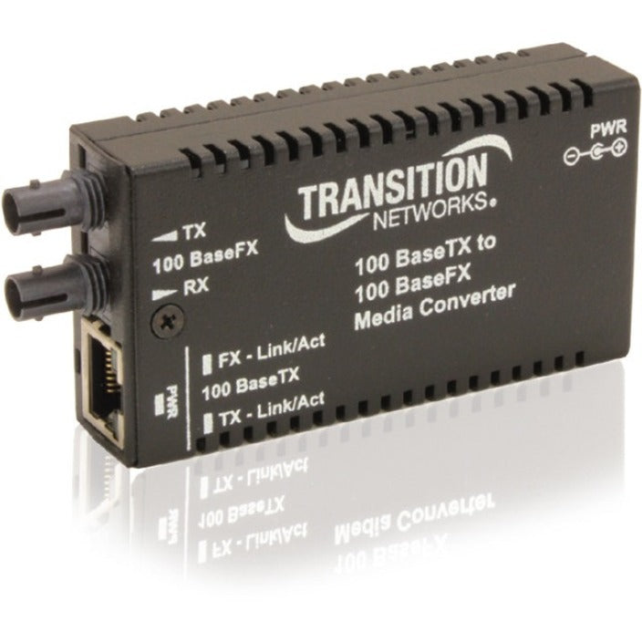 Transition Networks Mini Fast Ethernet Media Converter showing fiber optic and RJ-45 ports with status indicators on black housing-alternate-image1