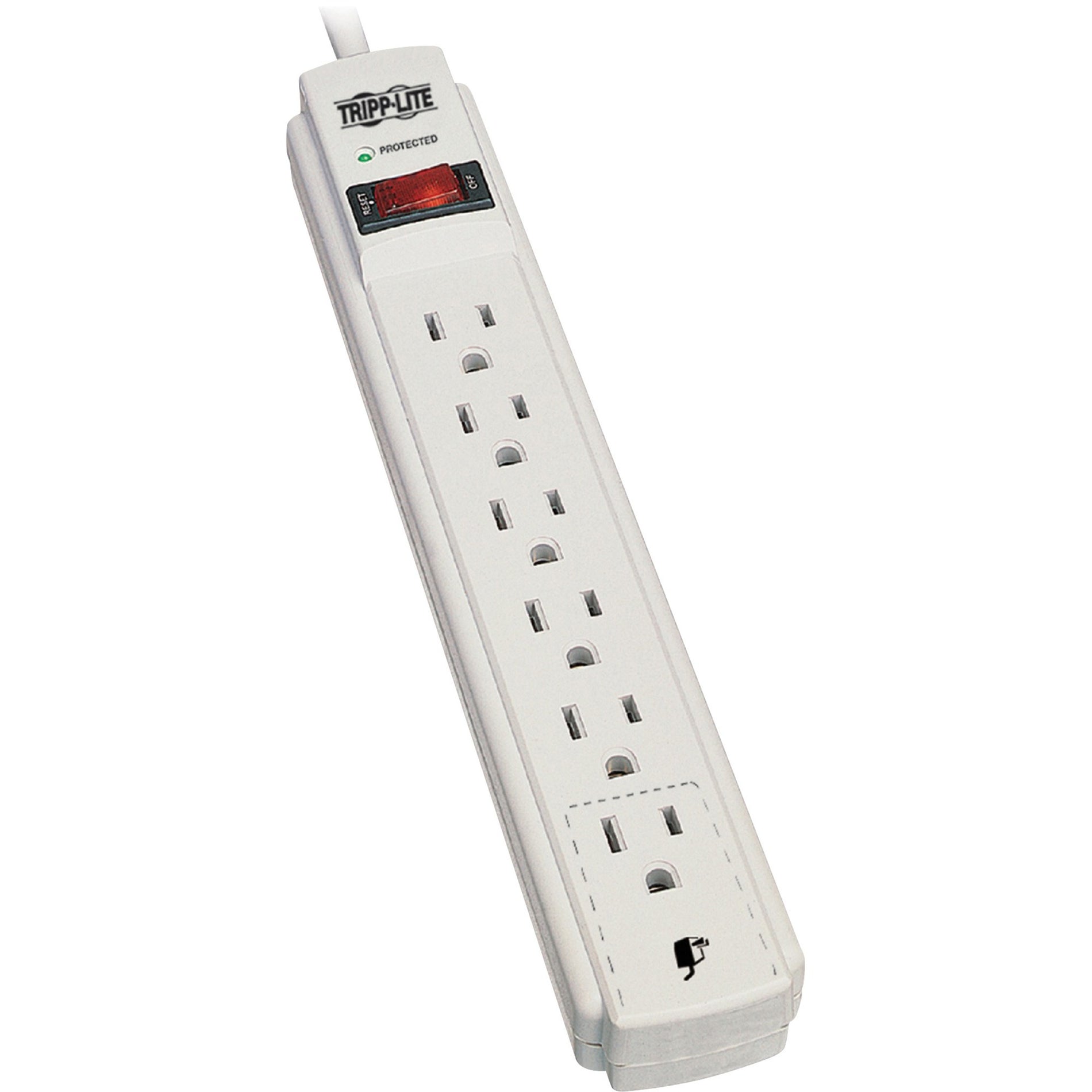 Front view of Tripp Lite TLP608 surge protector showing six outlets and illuminated power switch-alternate-image1