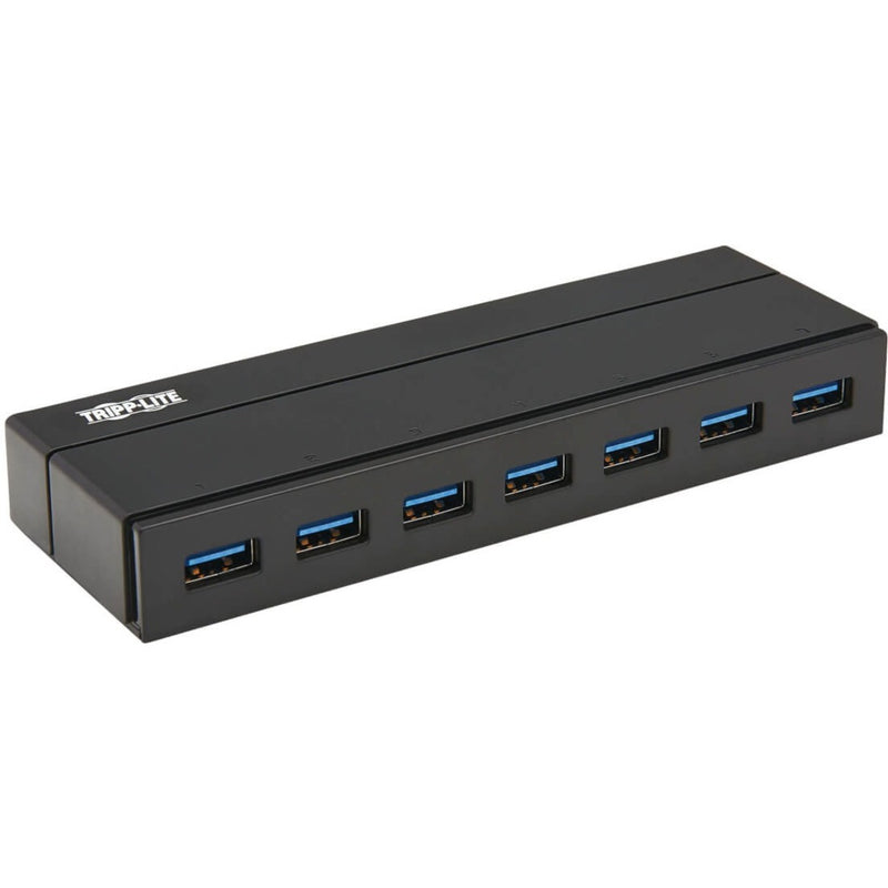 Front view of Tripp Lite U360-007 USB 3.0 hub showing seven USB 3.0 ports with blue accents