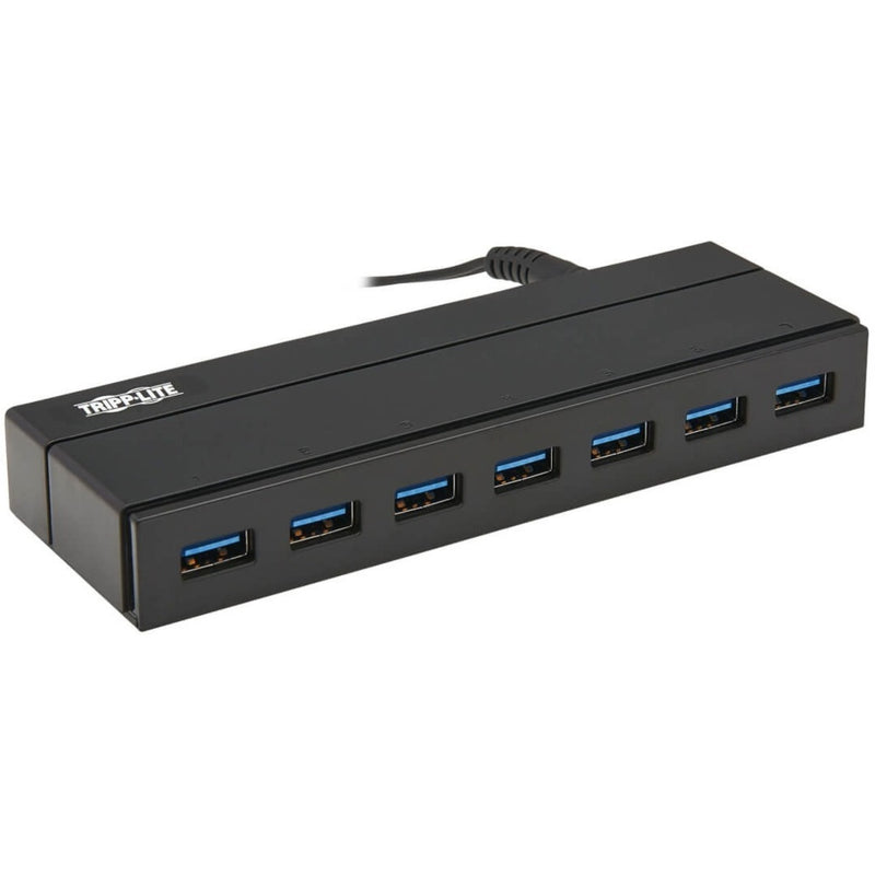 Angled view of Tripp Lite USB hub showing all USB 3.0 ports with blue indicators