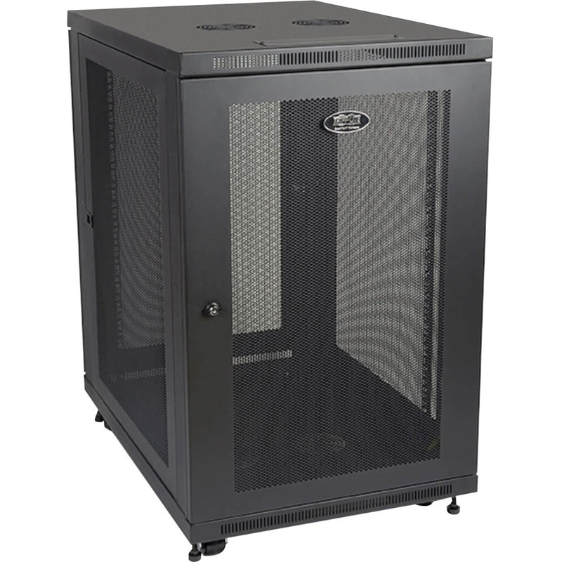 Front view of Tripp Lite SR18UB 18U rack enclosure showing perforated mesh door and ventilation design