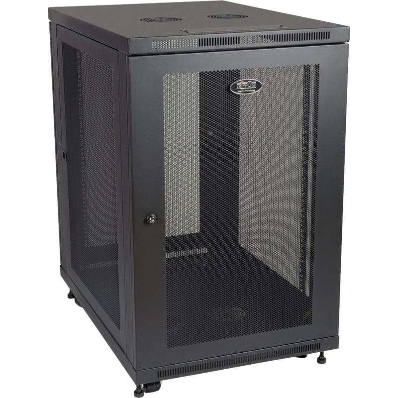 Angled view of Tripp Lite SR18UB rack cabinet showing sturdy construction and mesh panels