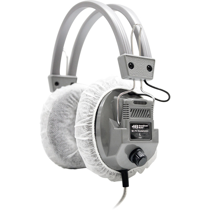 Hamilton Buhl SC-7V headphones wearing white HygenX45 disposable ear cushion covers, demonstrating proper fit and coverage