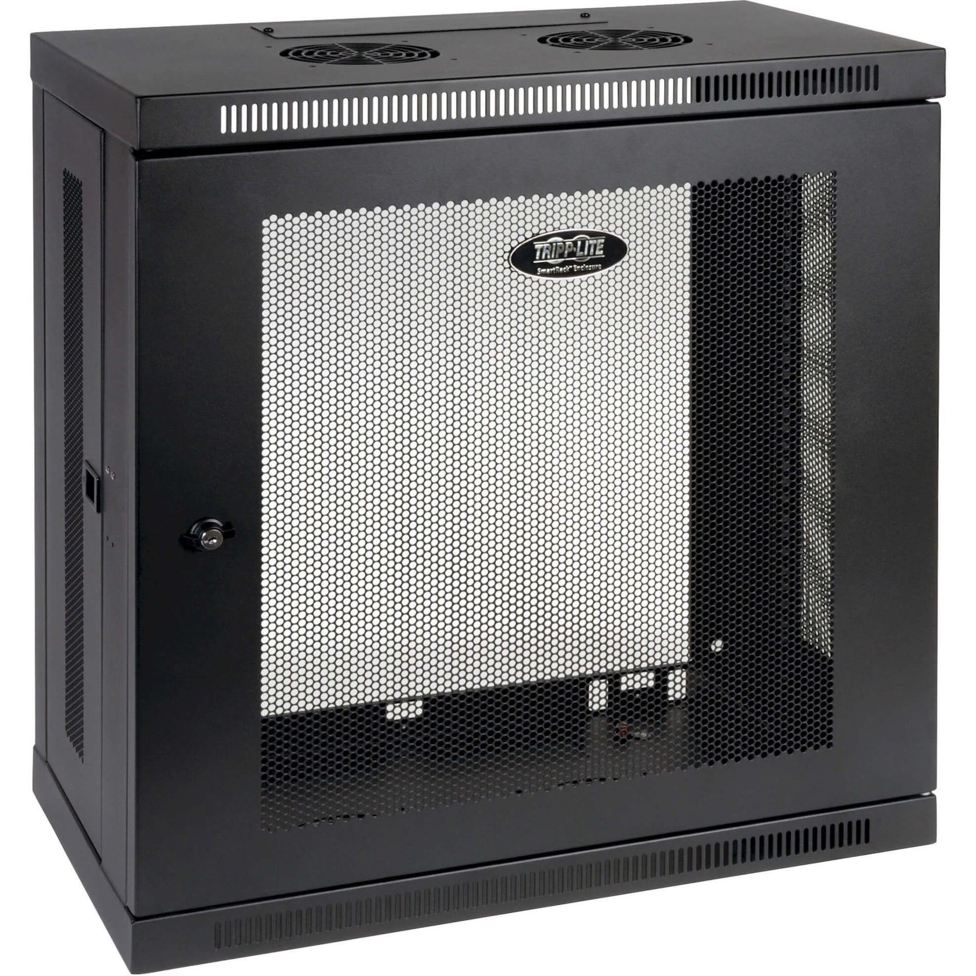 Front view of Tripp Lite SRW12U13 12U wall-mount rack showing mesh door and dual fan system-alternate-image1