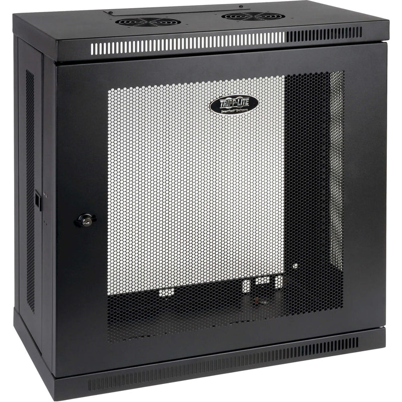 Front view of Tripp Lite SRW12U13 12U wall-mount rack showing mesh door and dual fan system