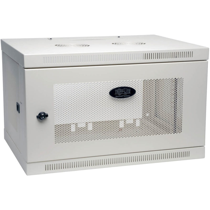 Front view of Tripp Lite SRW6UW white wall-mount rack enclosure showing ventilated mesh door with lock