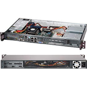 Internal and rear view of Supermicro CSE-505-203B 1U rackmount chassis showing component layout and rear I/O ports-alternate-image1