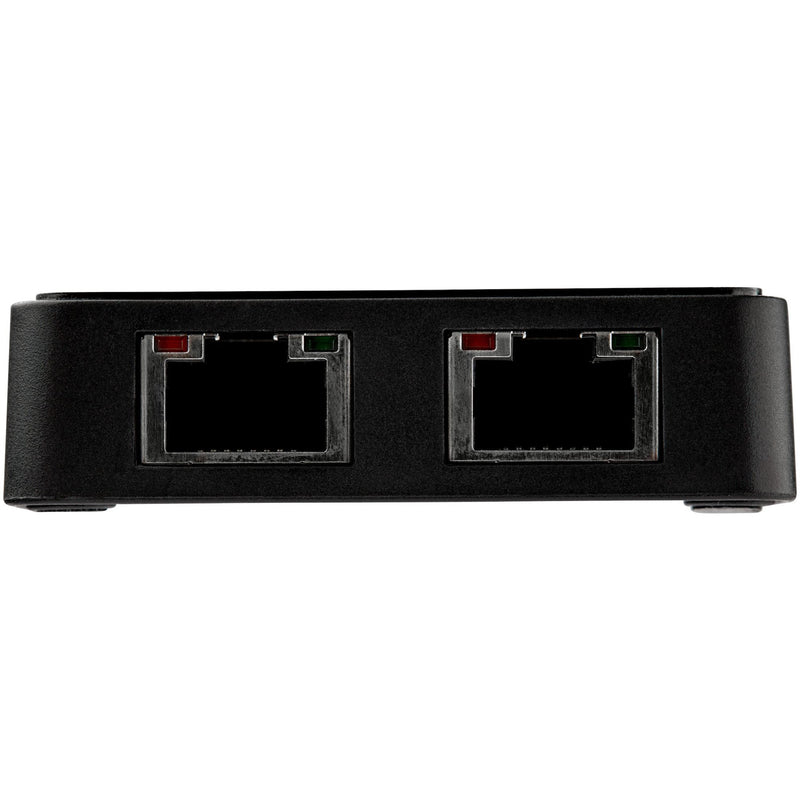 Detailed view of dual RJ-45 ports with LED indicators on StarTech.com adapter