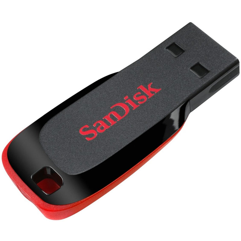 SanDisk Cruzer Blade 32GB USB flash drive featuring black and red design with SanDisk logo