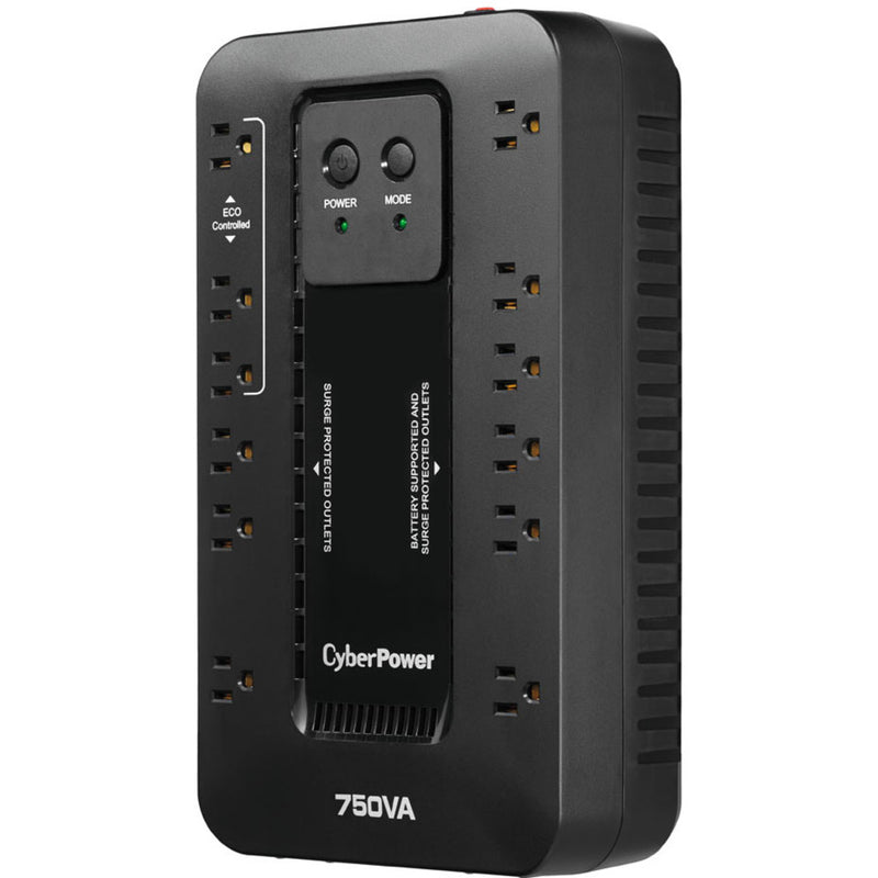 Side angle view of CyberPower EC750G UPS showing compact profile and outlet arrangement