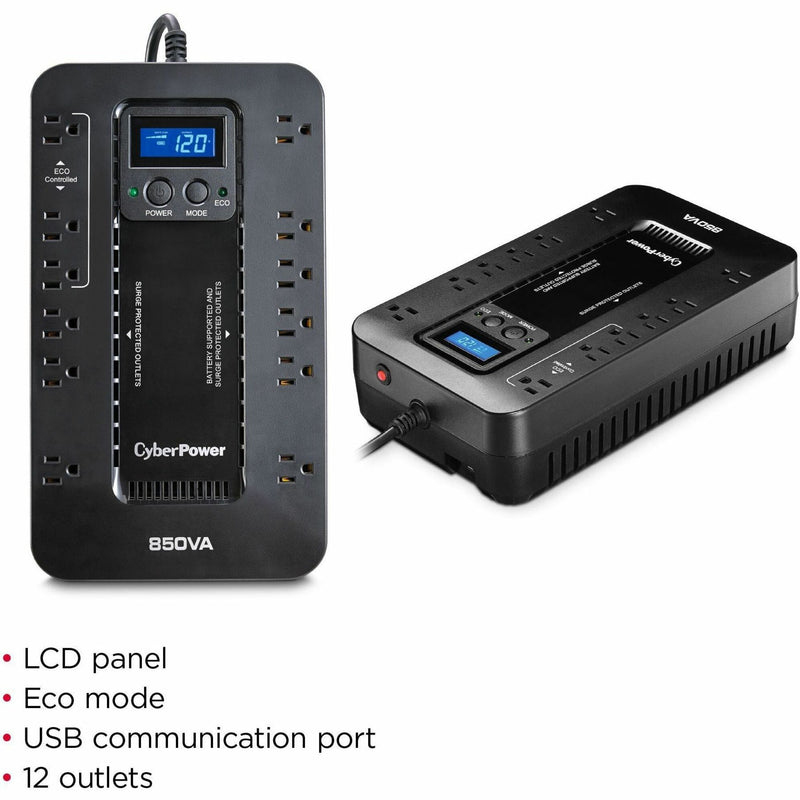 Side-by-side view of CyberPower EC850LCD showing features and specifications