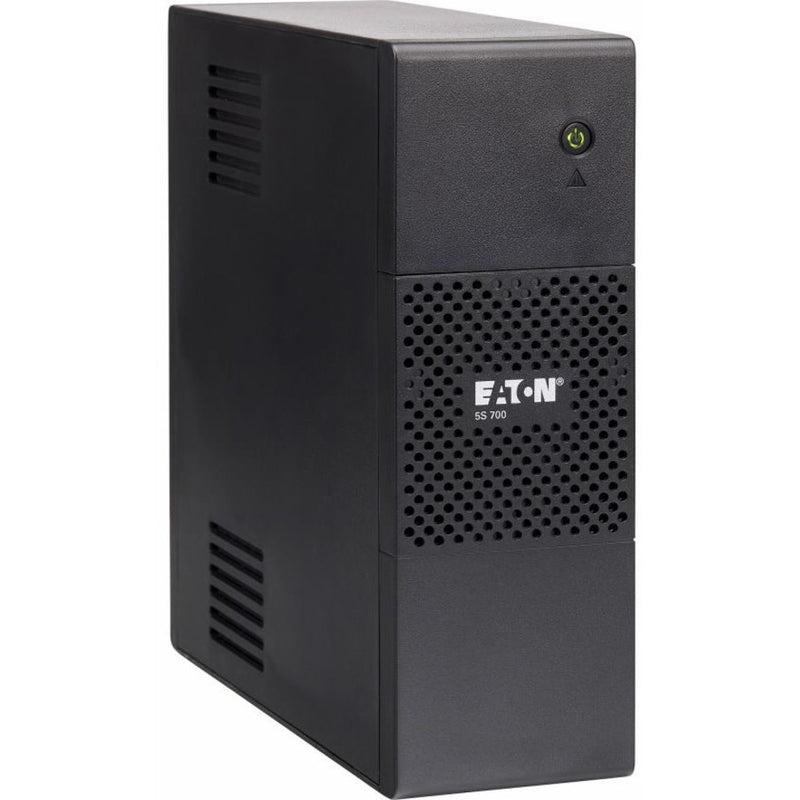 Front view of Eaton 5S700 UPS showing ventilated design, power button, and branded front panel