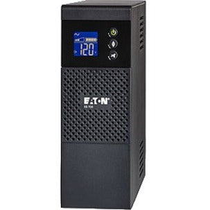 Side angle view of Eaton 5S700LCD UPS showing compact tower design and ventilation pattern