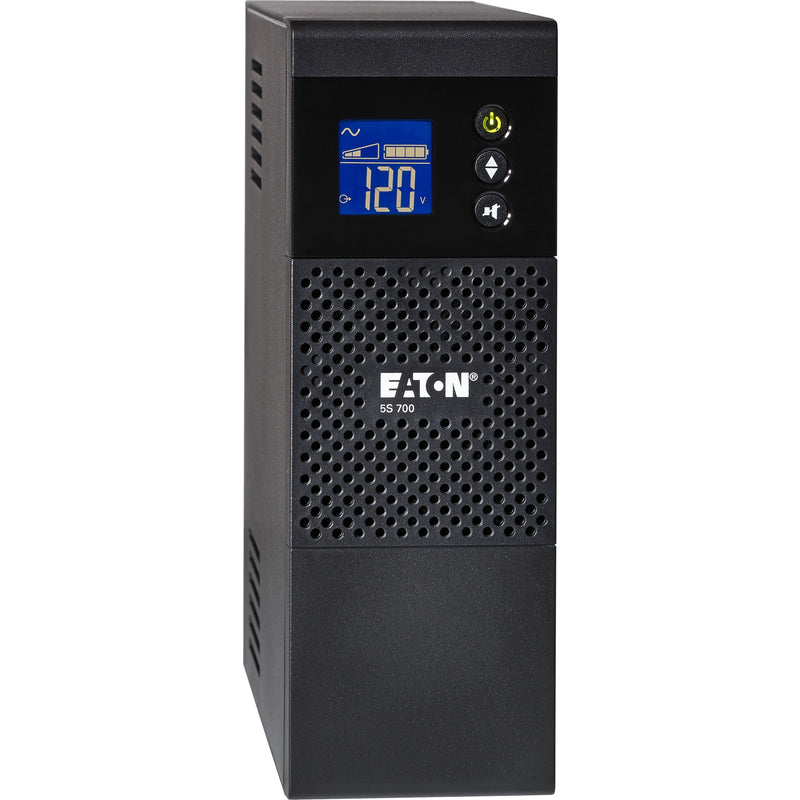 Front view of Eaton 5S700LCD UPS showing LCD display screen with voltage reading and control buttons