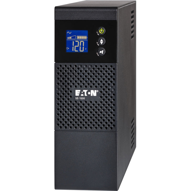 Eaton 5S1500LCD UPS showing LCD display with voltage reading of 120V and control buttons on black tower chassis