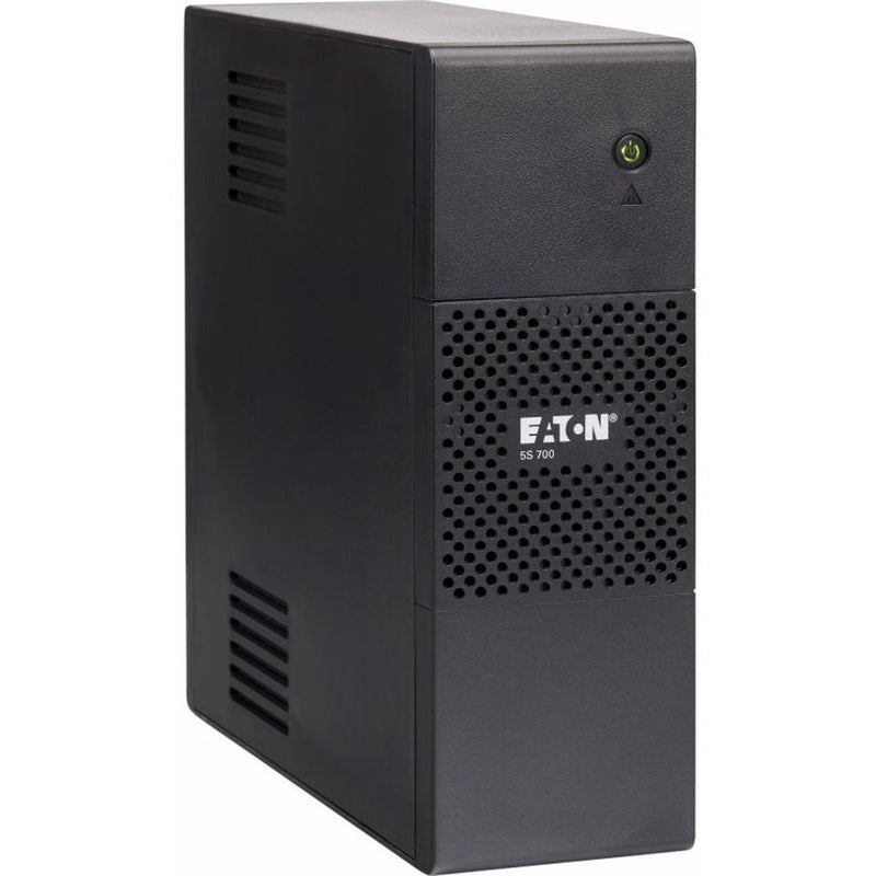 Front view of Eaton 5S700G UPS showing ventilated tower design with power button and brand identification