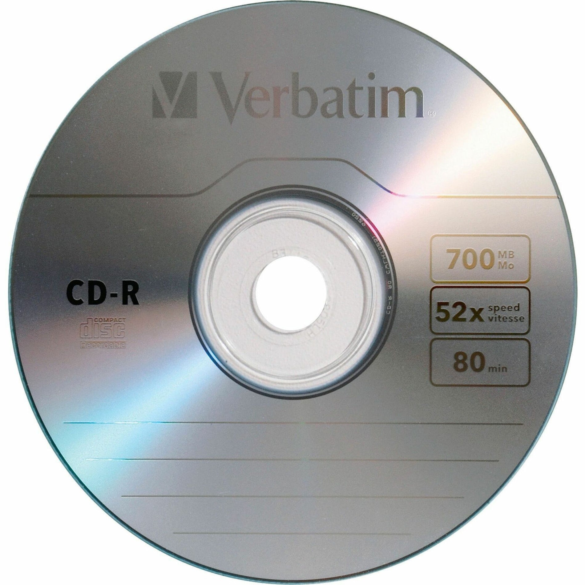 Close-up view of Verbatim CD-R disc showing silver reflective surface, branding, and specification details-alternate-image2