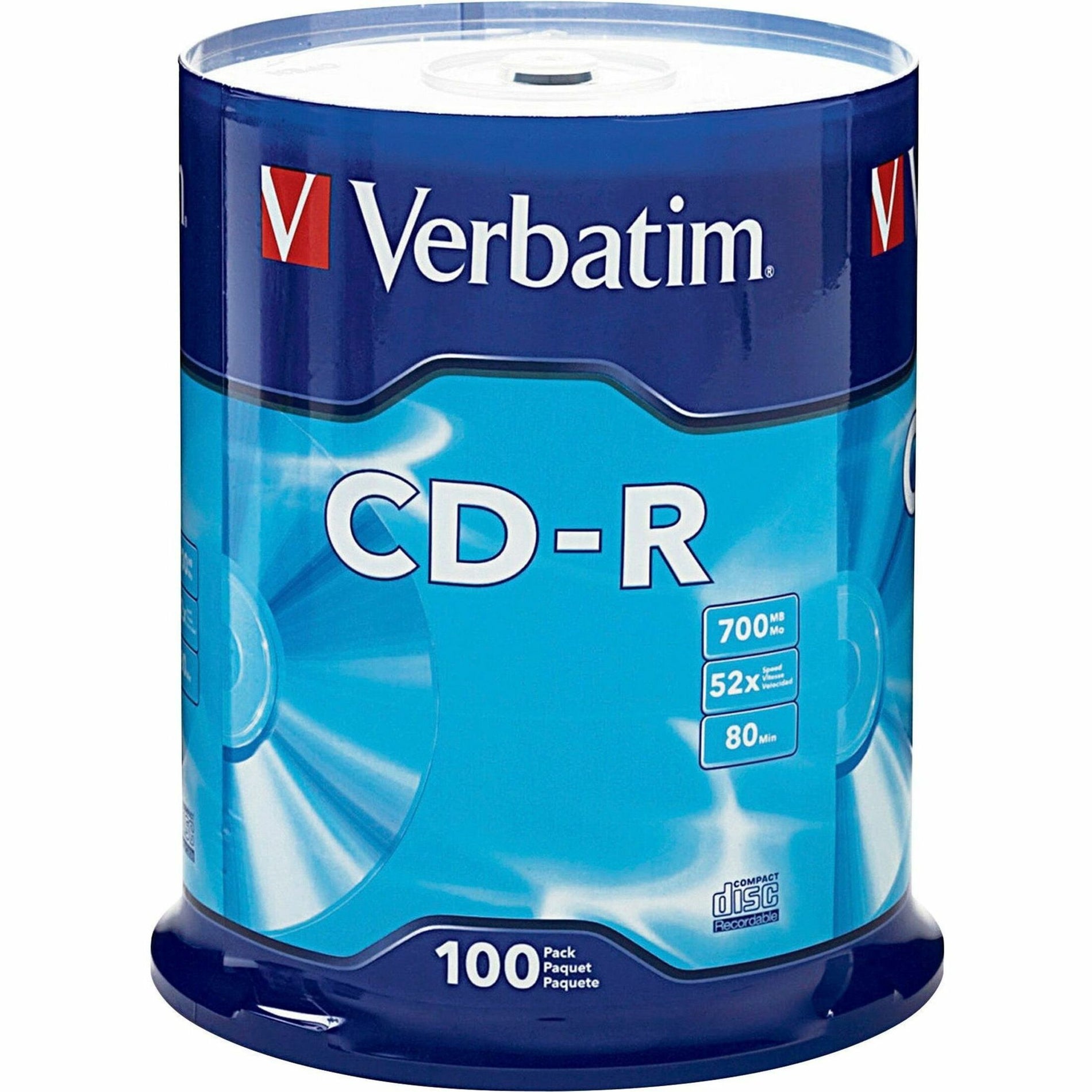 Verbatim CD-R 700MB 52X 100-pack spindle package showing blue and navy branded design with product specifications-alternate-image1