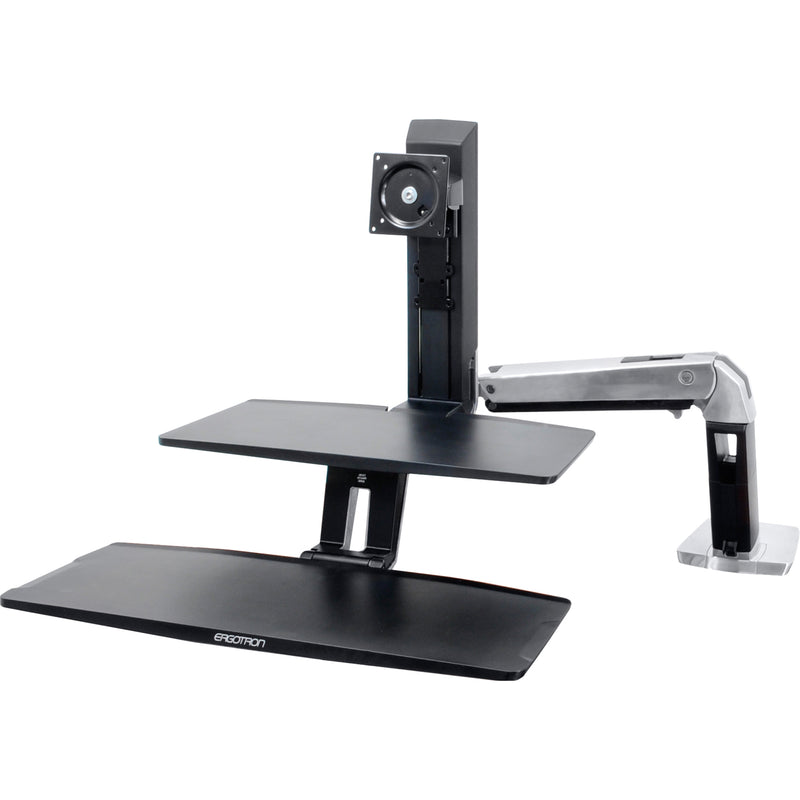 Ergotron WorkFit-A sit-stand workstation showing dual-platform design with suspended keyboard tray and adjustable monitor mount