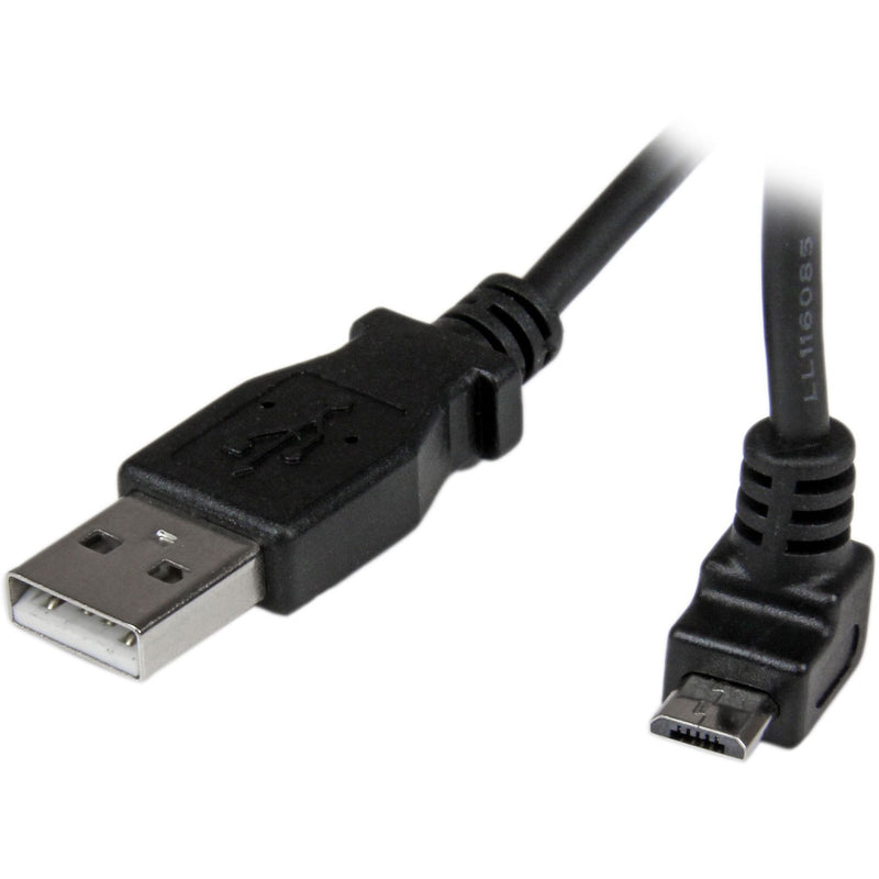 Close-up view of StarTech.com USB to up-angle Micro USB cable showing USB-A and angled Micro-B connectors