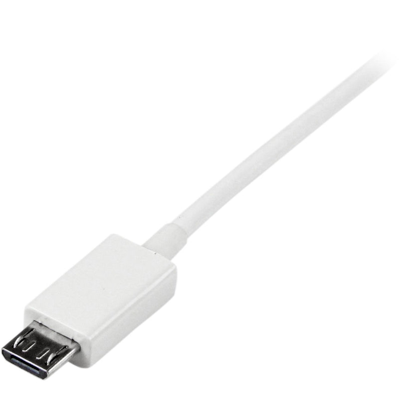 Detailed view of StarTech.com Micro USB connector with strain relief and white cable design