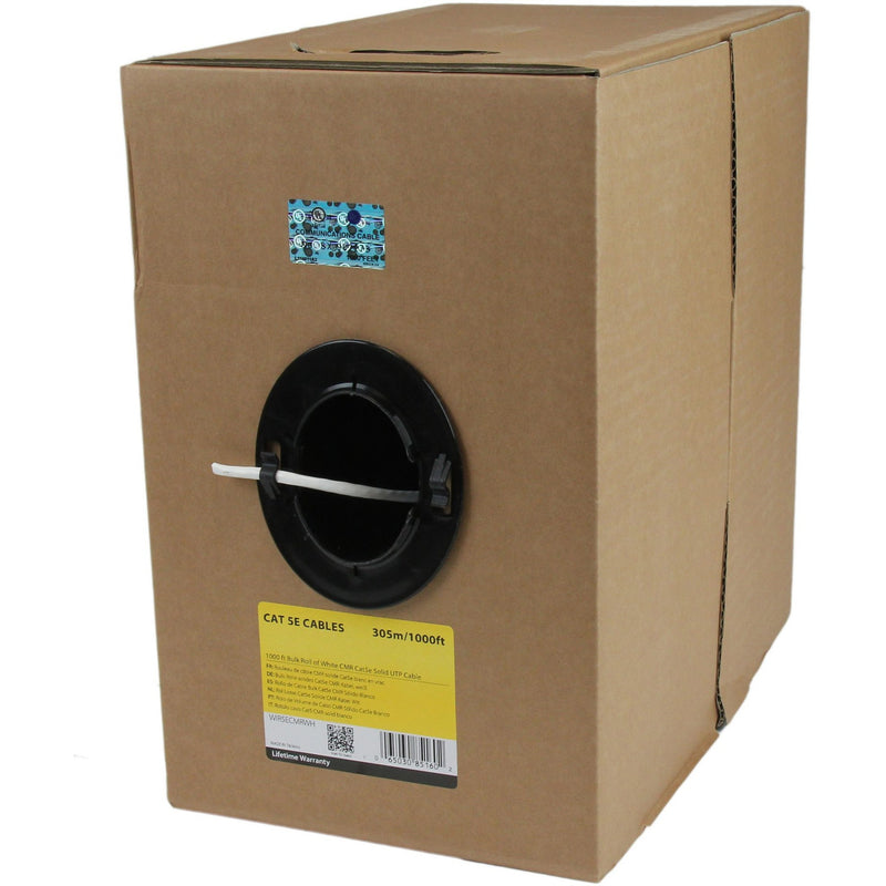 Front view of StarTech.com Cat5e cable reel box showing dispensing port and product specifications label