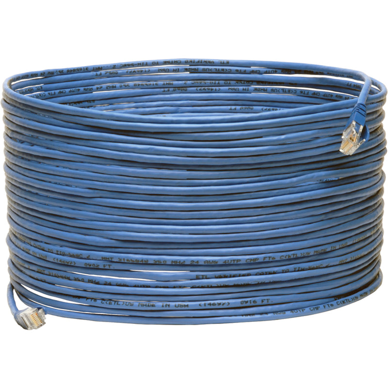 Full length view of 75-foot blue plenum-rated Cat5e network cable coiled to show length