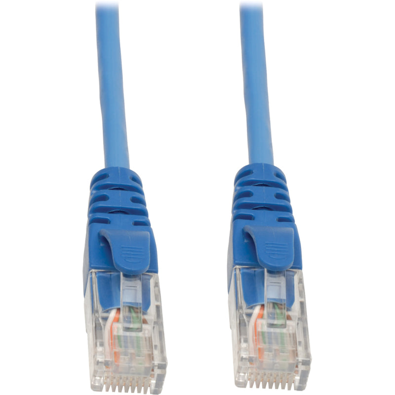 Detailed view of Cat5e cable transparent RJ45 connectors showing internal wiring and strain relief