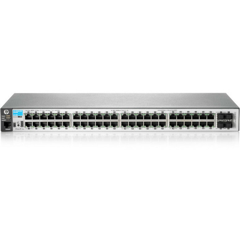 Front view of HPE 2530-48-PoE+ network switch showing 48 Ethernet ports, status LEDs, and SFP expansion slots in a 1U rack-mountable silver chassis-alternate-image1