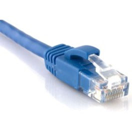 Close-up view of blue Cat.6 network cable with clear RJ-45 connector and snagless boot design