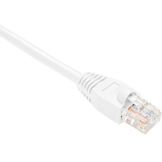 Close-up view of white Cat.6 network cable with snagless RJ-45 connector showing internal copper conductors